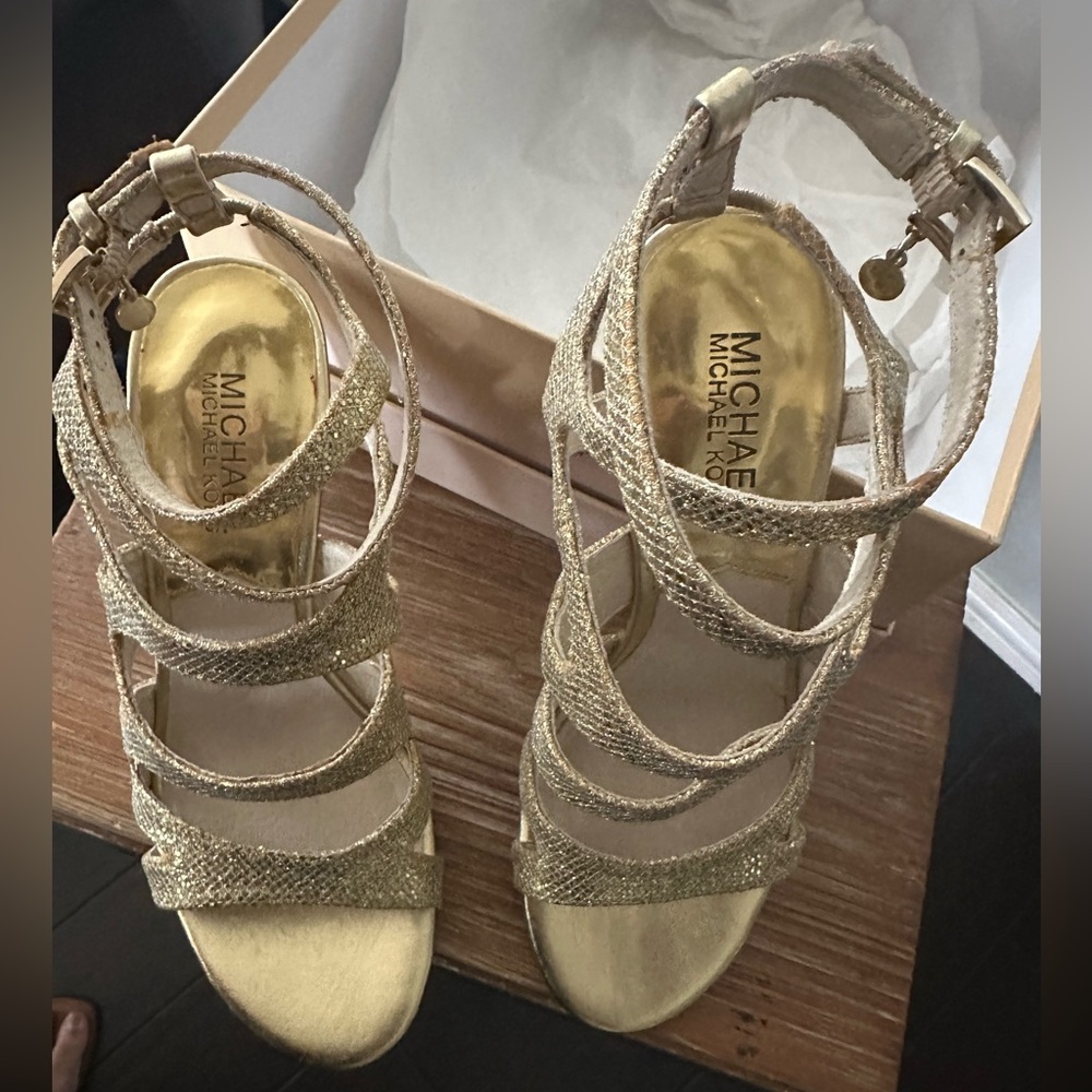 MICHAEL KORS Silver Glitter Yvonne Ankle Strap Heels
